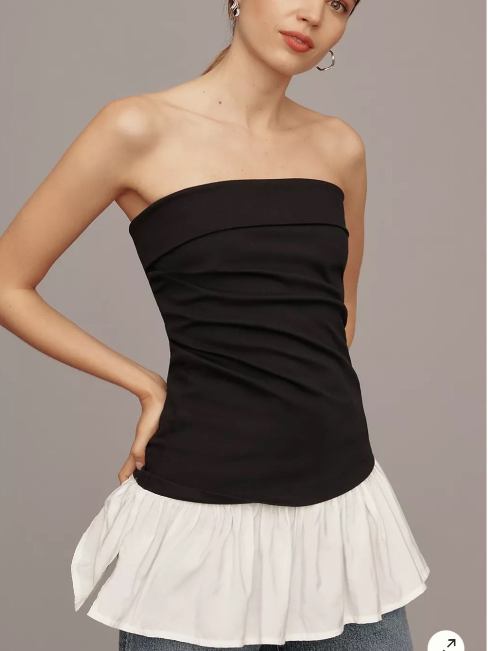 Anthropologie Asymmetrical Tube Top Black Strapless Camisole with White Ruffle